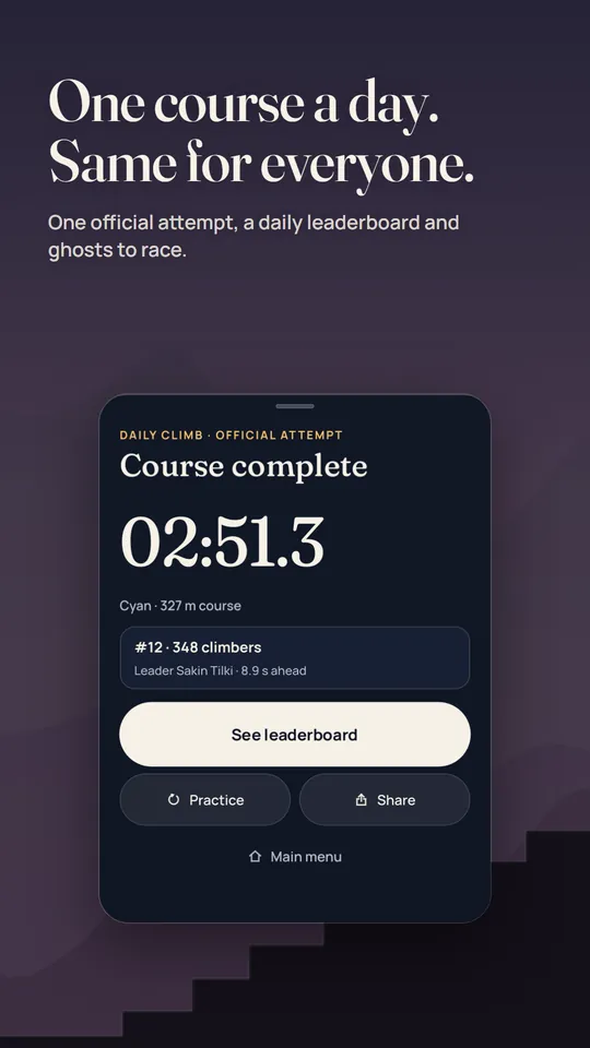 Daily Climb result screen with a finish time of 2:51.3 and a leaderboard rank