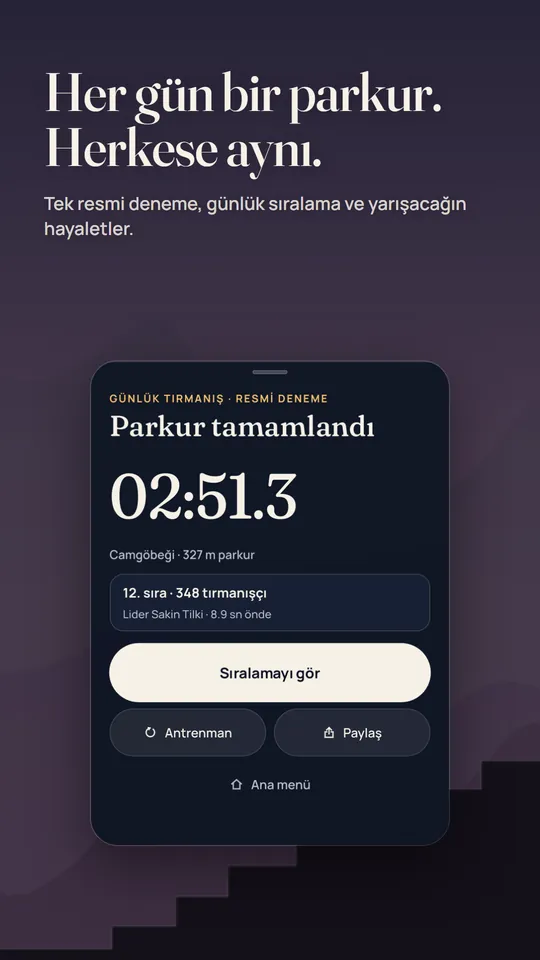 2:51,3 bitiş süresi ve sıralama derecesiyle Günlük Tırmanış sonuç ekranı